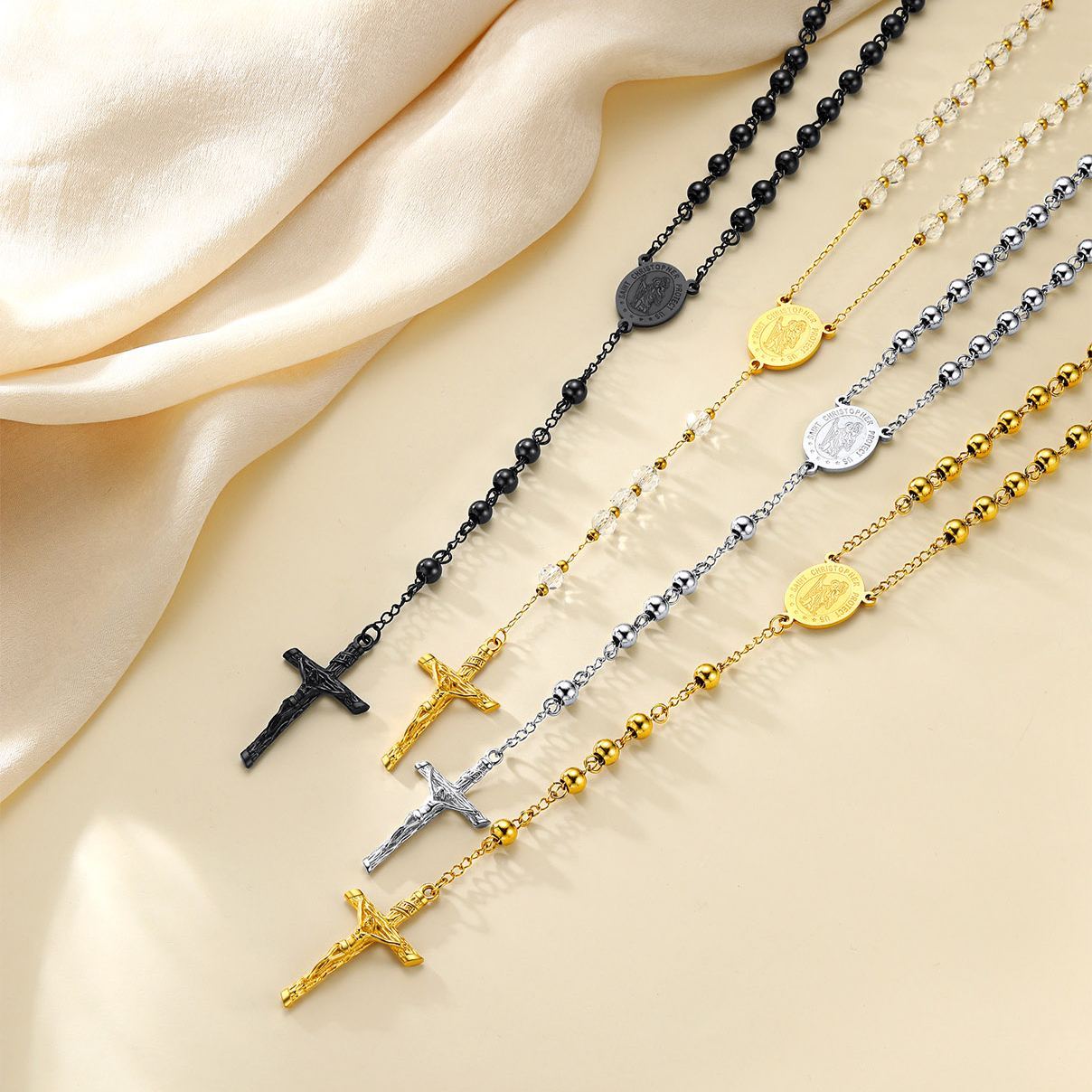 Stainless Steel 6mm Beads Saint Christopher Cross Pendant for Men Women