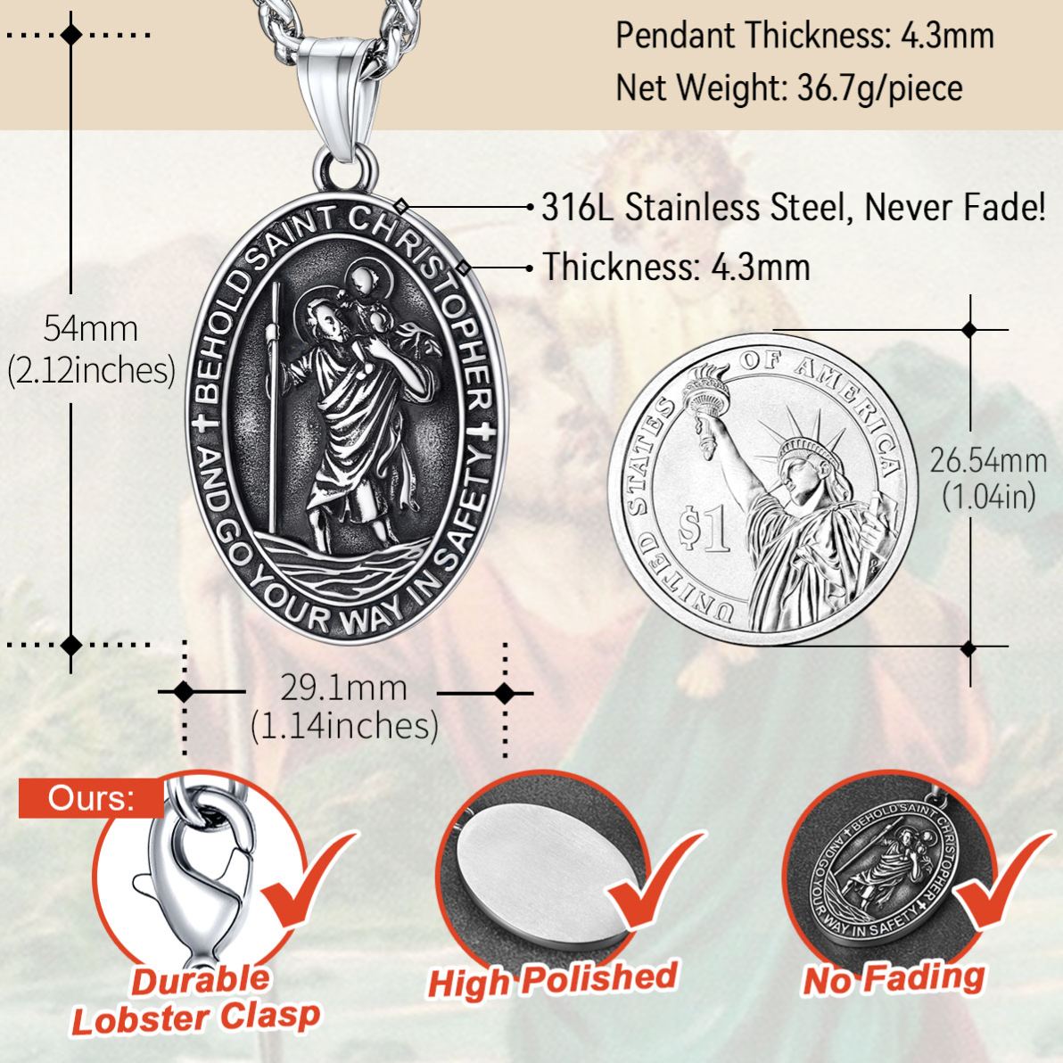 Stainless Steel St. Christopher Oval Pendant Necklace For Men