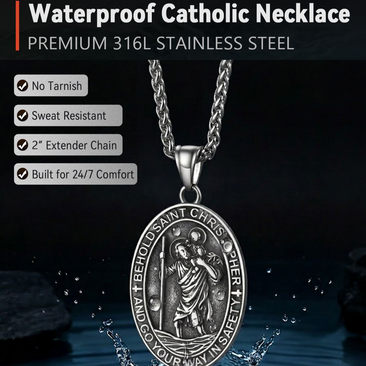 Stainless Steel St. Christopher Oval Pendant Necklace For Men