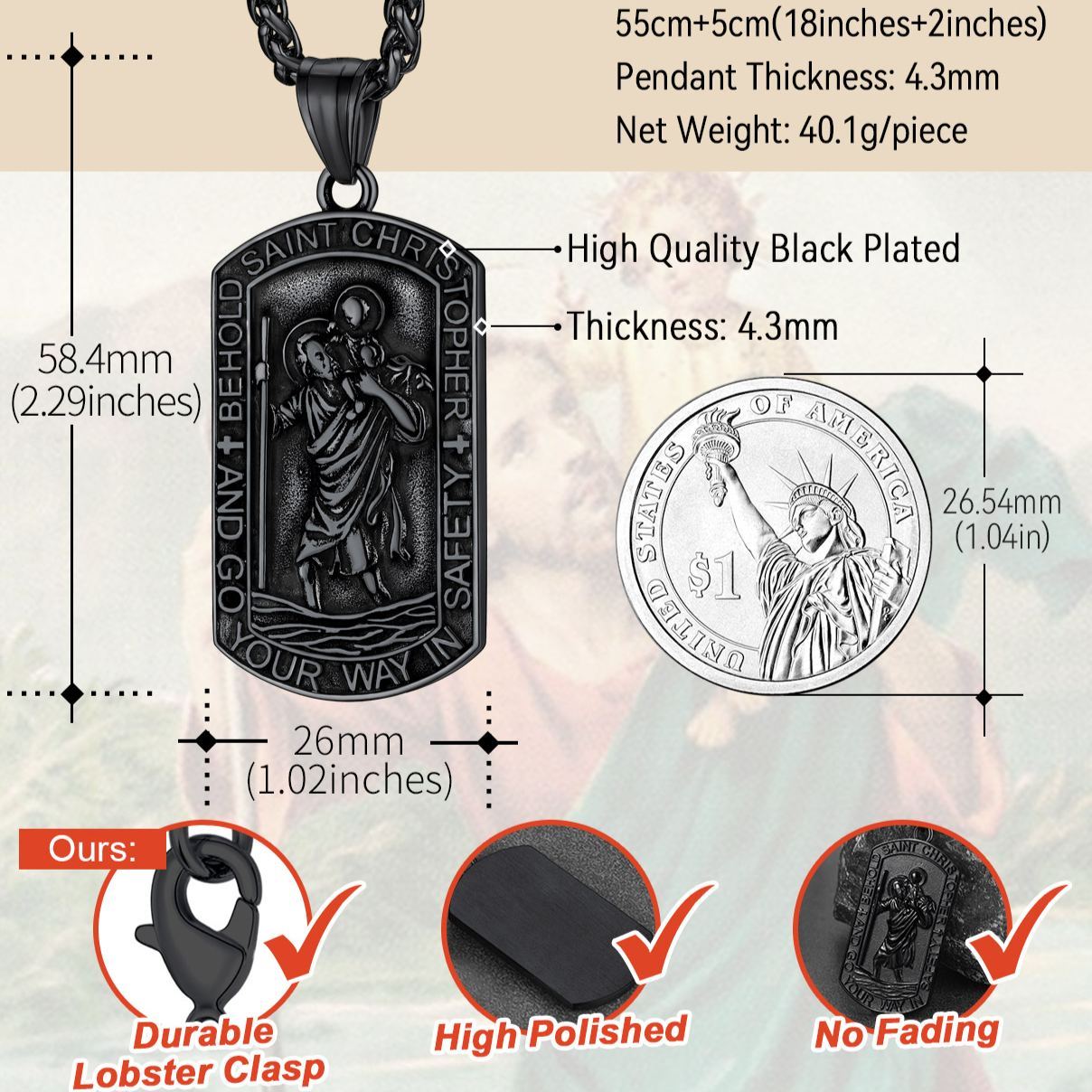  Stainless Steel St. Christopher Dog Tag Necklace for Men