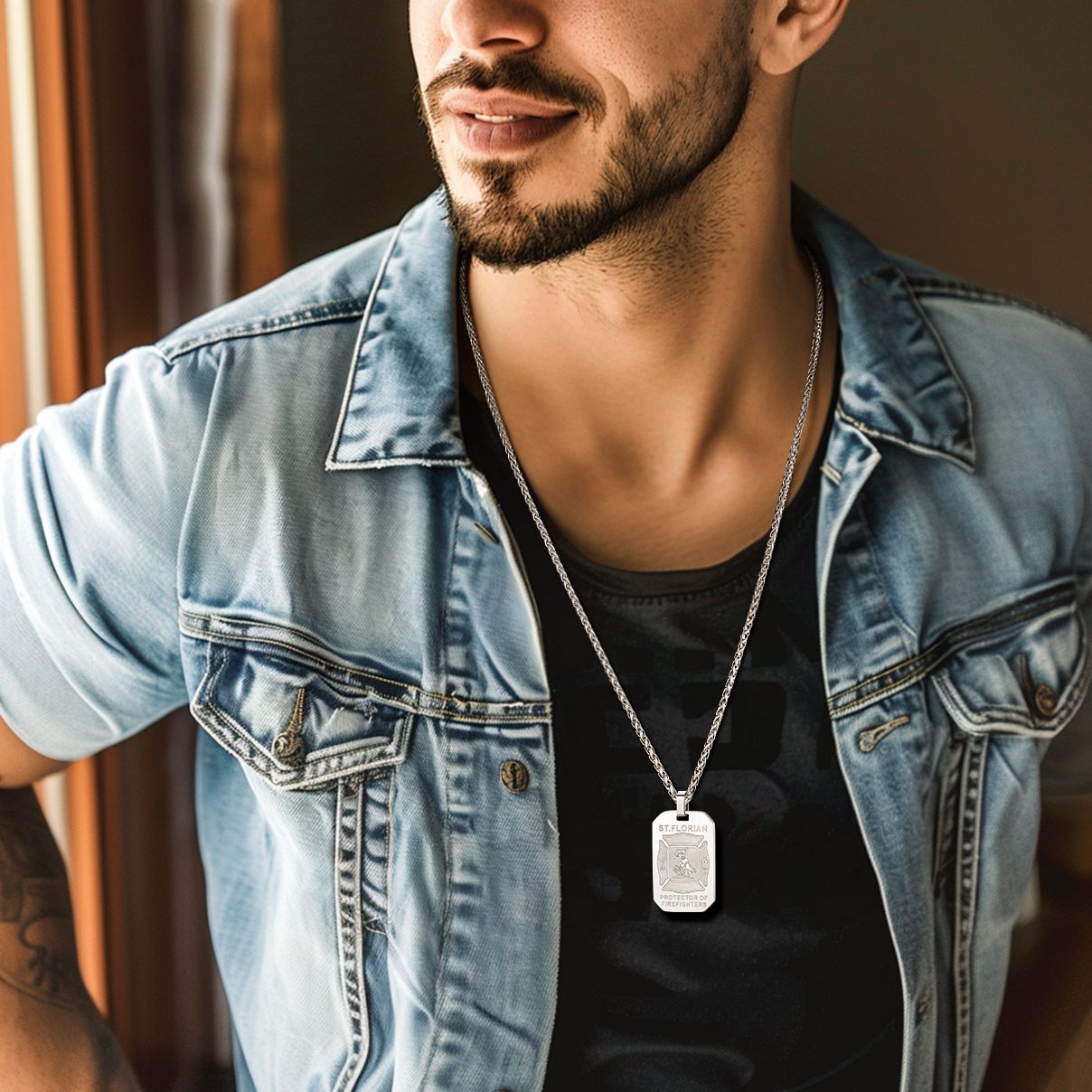 Stainless Steel St. Florian Firefighter Dog Tag Necklace For Men