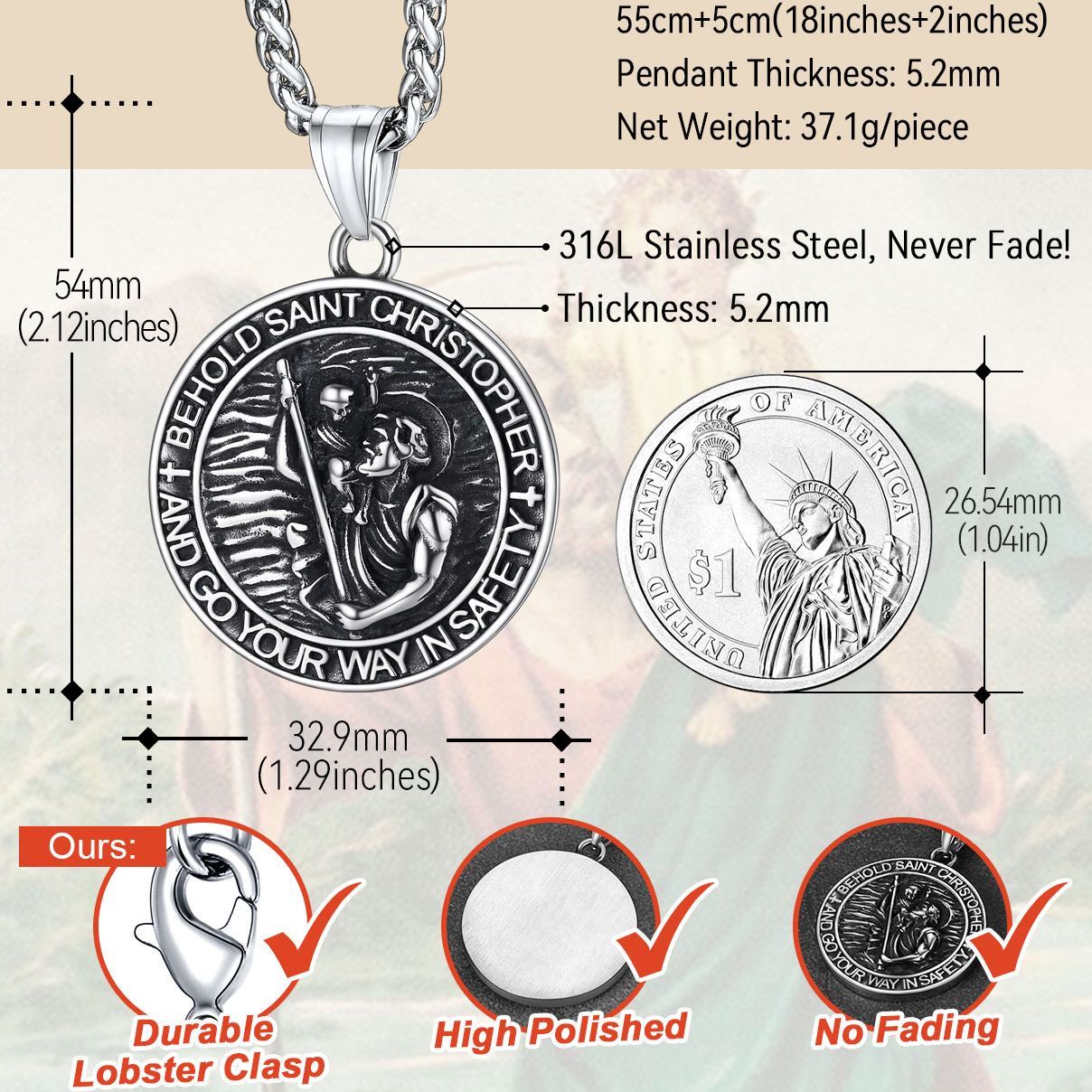 Stainless Steel St Christopher Round Pendant Necklace For Men