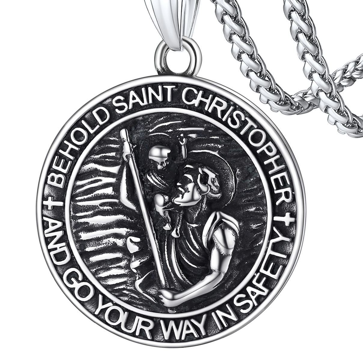 Stainless Steel St Christopher Round Pendant Necklace For Men