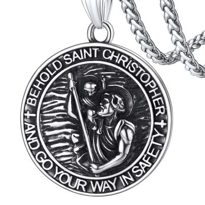 Stainless Steel St Christopher Round Pendant Necklace For Men