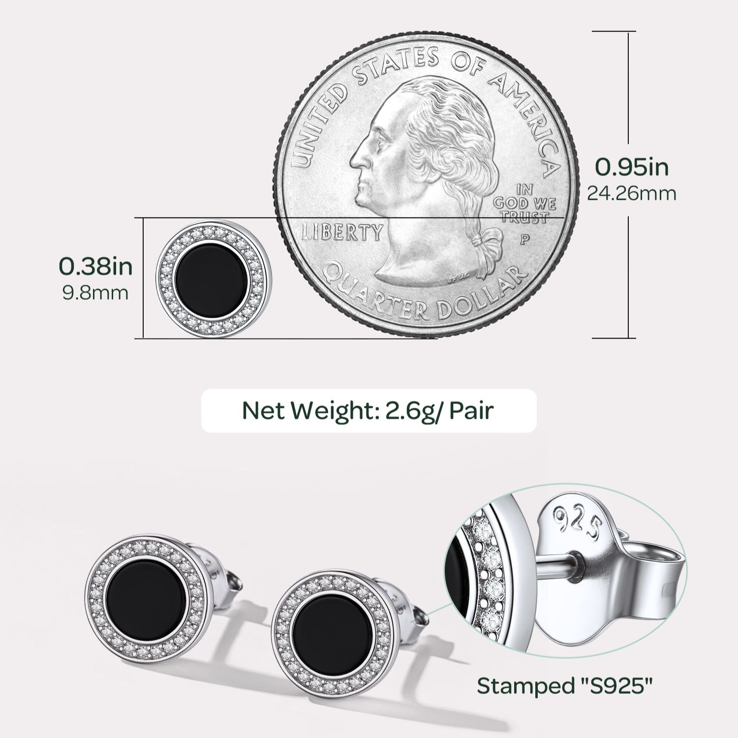 Sterling Silver 6mm Black Agate & Zircon Stud Earrings For Men Women