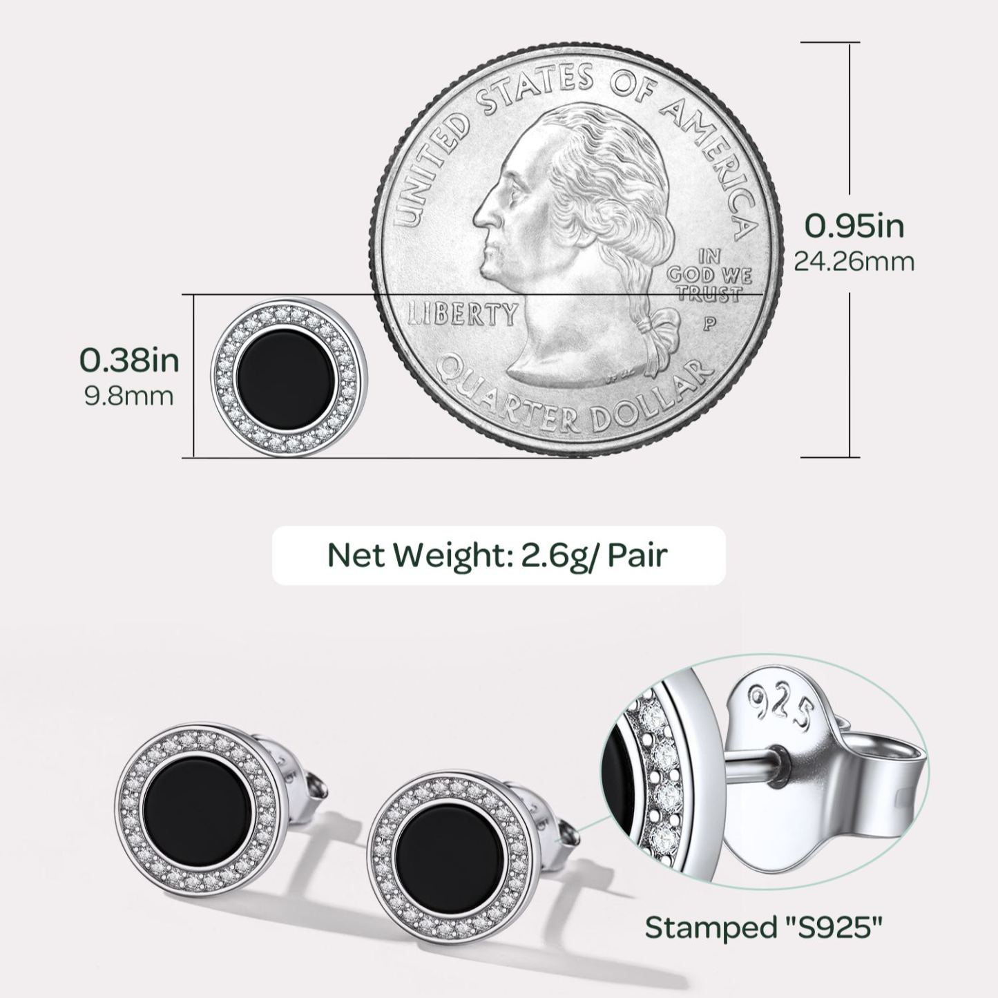 Sterling Silver 6mm Black Agate & Zircon Stud Earrings For Men Women