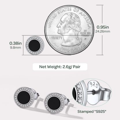 Sterling Silver 6mm Black Agate & Zircon Stud Earrings For Men Women