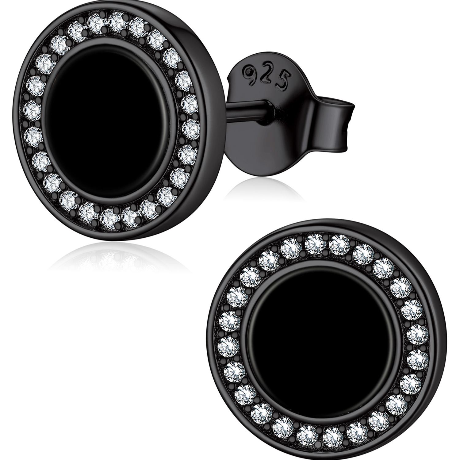 Sterling Silver 6mm Black Agate & Zircon Stud Earrings For Men Women