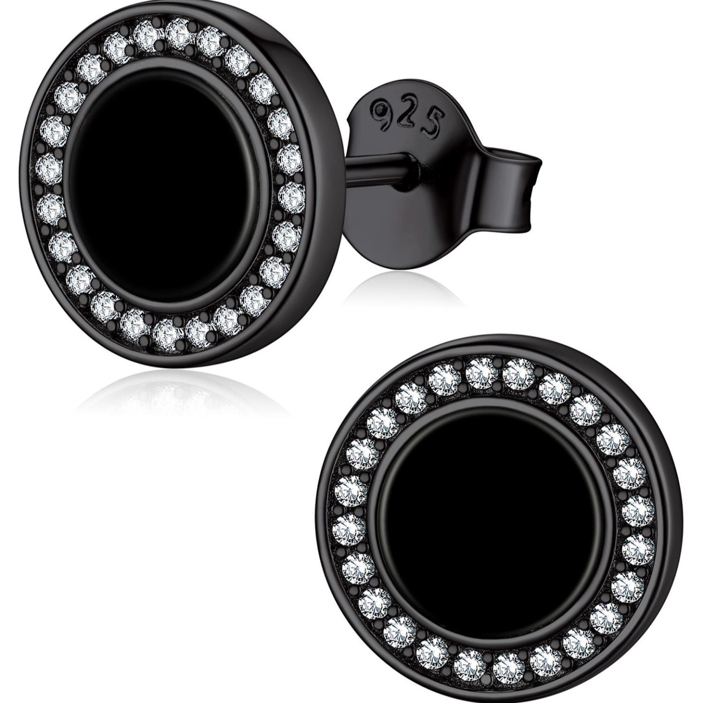 Sterling Silver 6mm Black Agate & Zircon Stud Earrings For Men Women