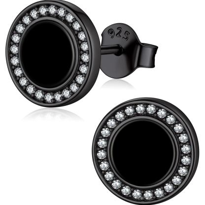 Sterling Silver 6mm Black Agate & Zircon Stud Earrings For Men Women
