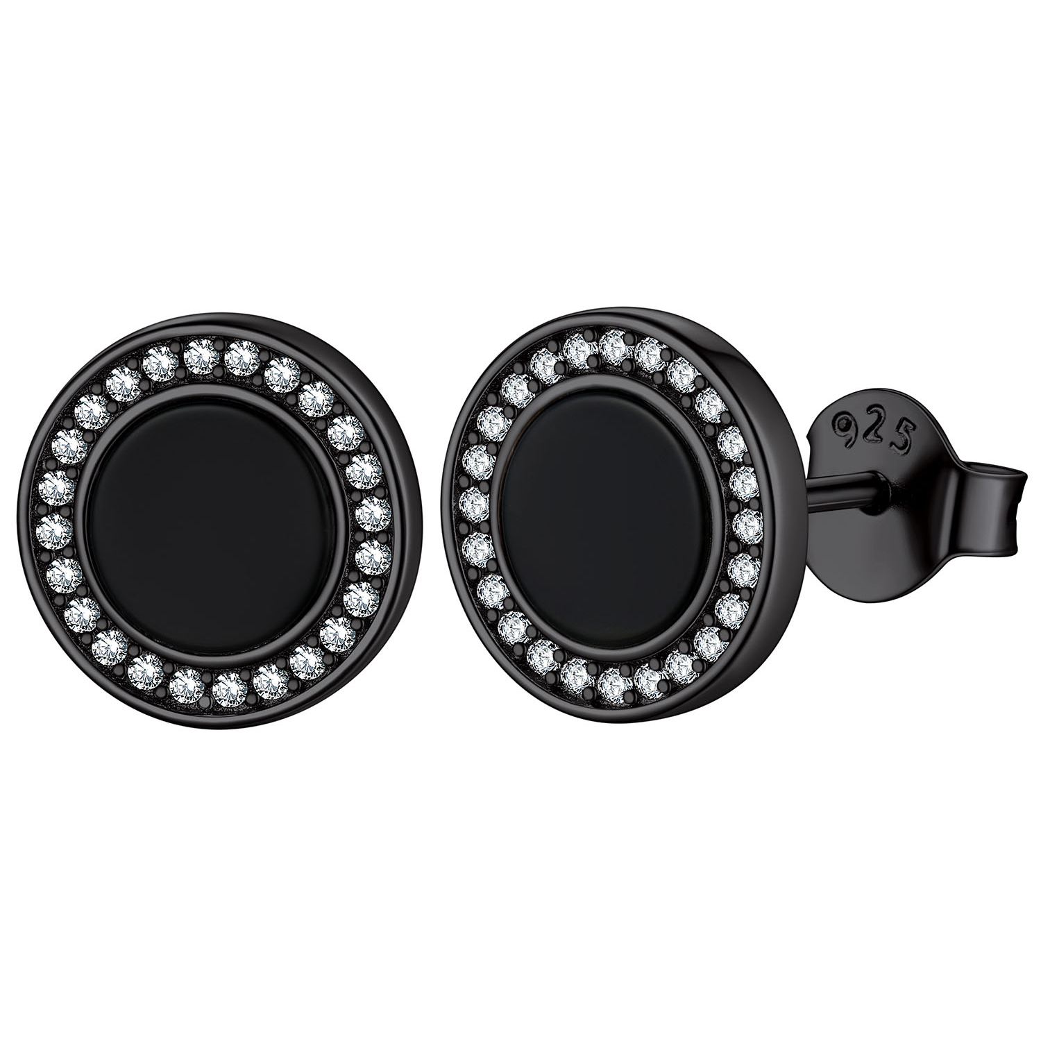 Sterling Silver 6mm Black Agate & Zircon Stud Earrings For Men Women