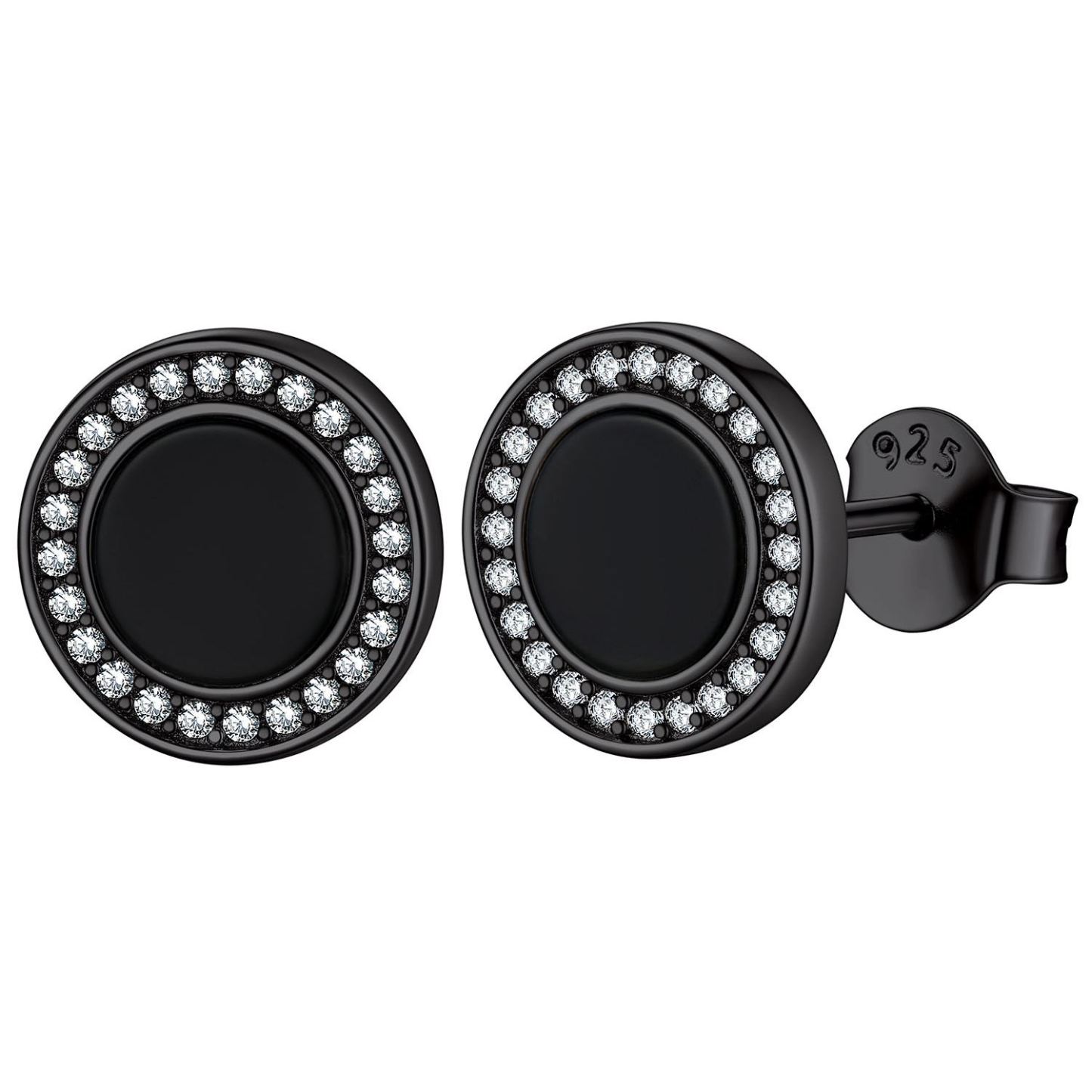 Sterling Silver 6mm Black Agate & Zircon Stud Earrings For Men Women