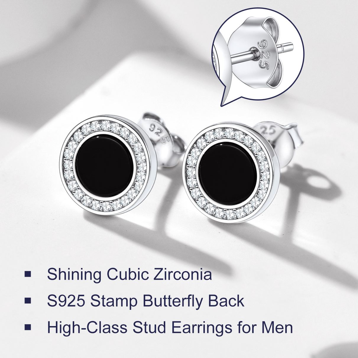Sterling Silver 6mm Black Agate & Zircon Stud Earrings For Men Women