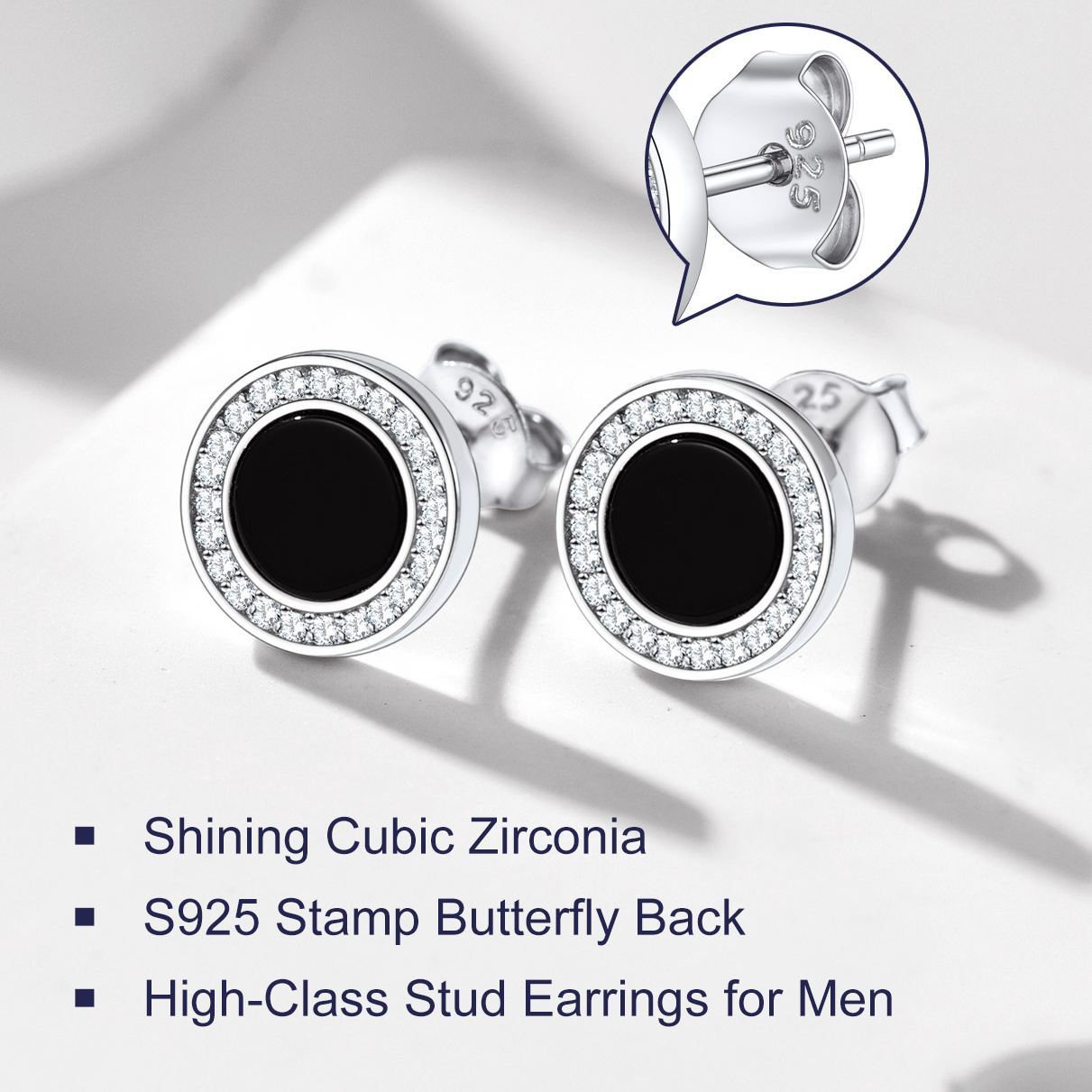 Sterling Silver 6mm Black Agate & Zircon Stud Earrings For Men Women
