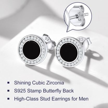 Sterling Silver 6mm Black Agate & Zircon Stud Earrings For Men Women