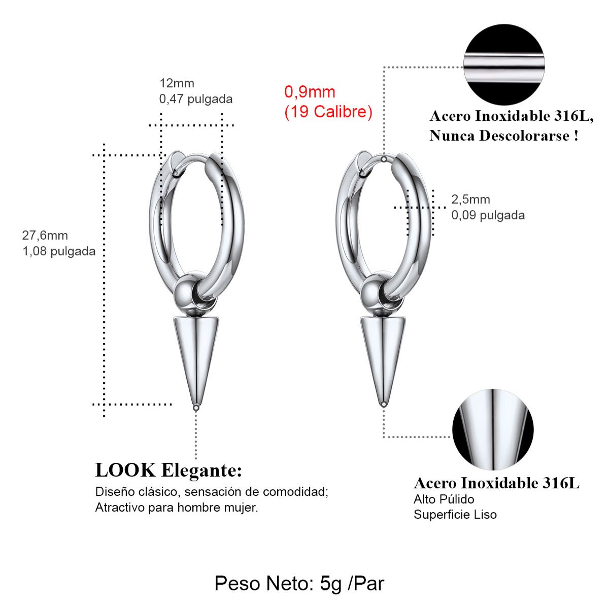 Stainless Steel 12mm Cone Hoop Earring For Men
