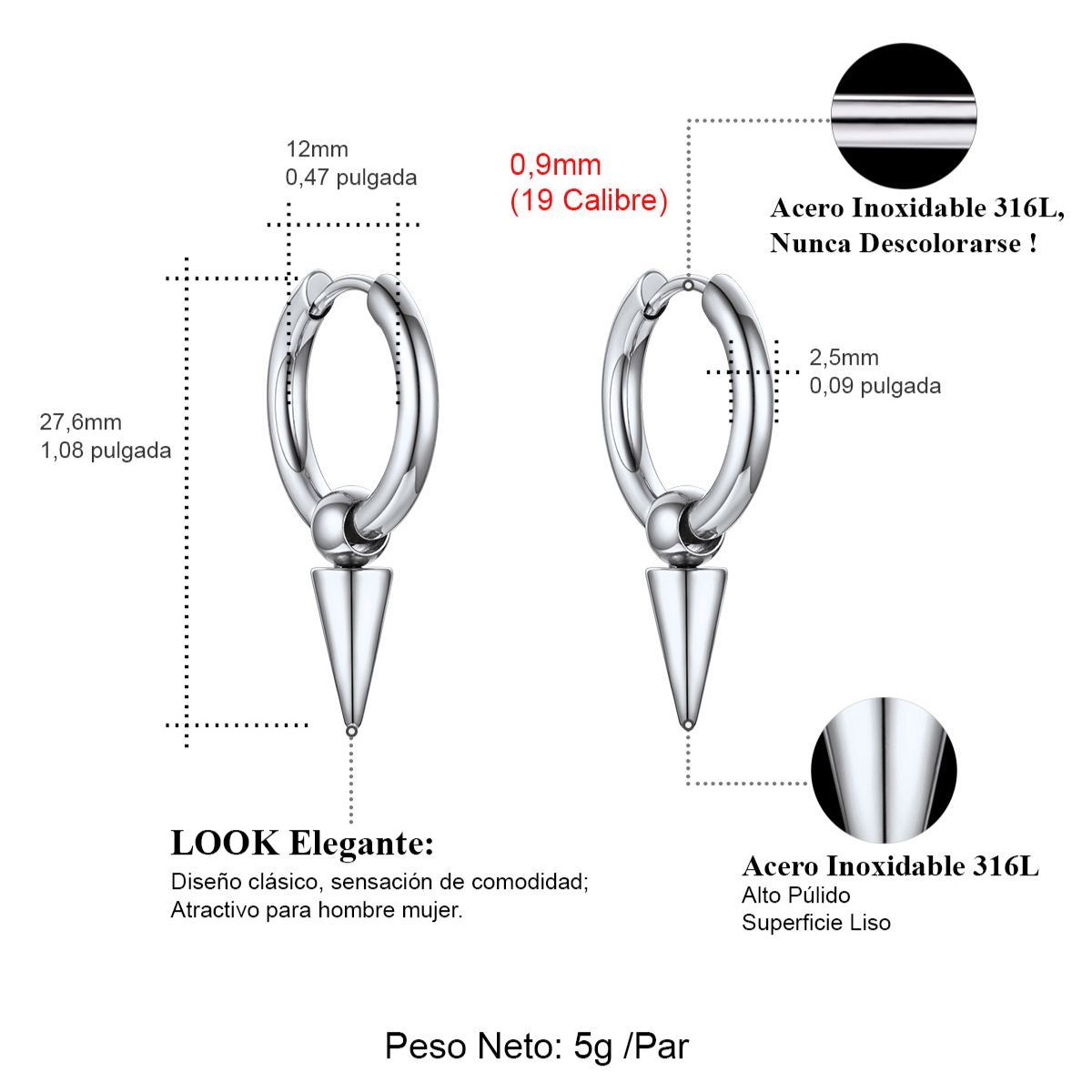 Stainless Steel 12mm Cone Hoop Earring For Men