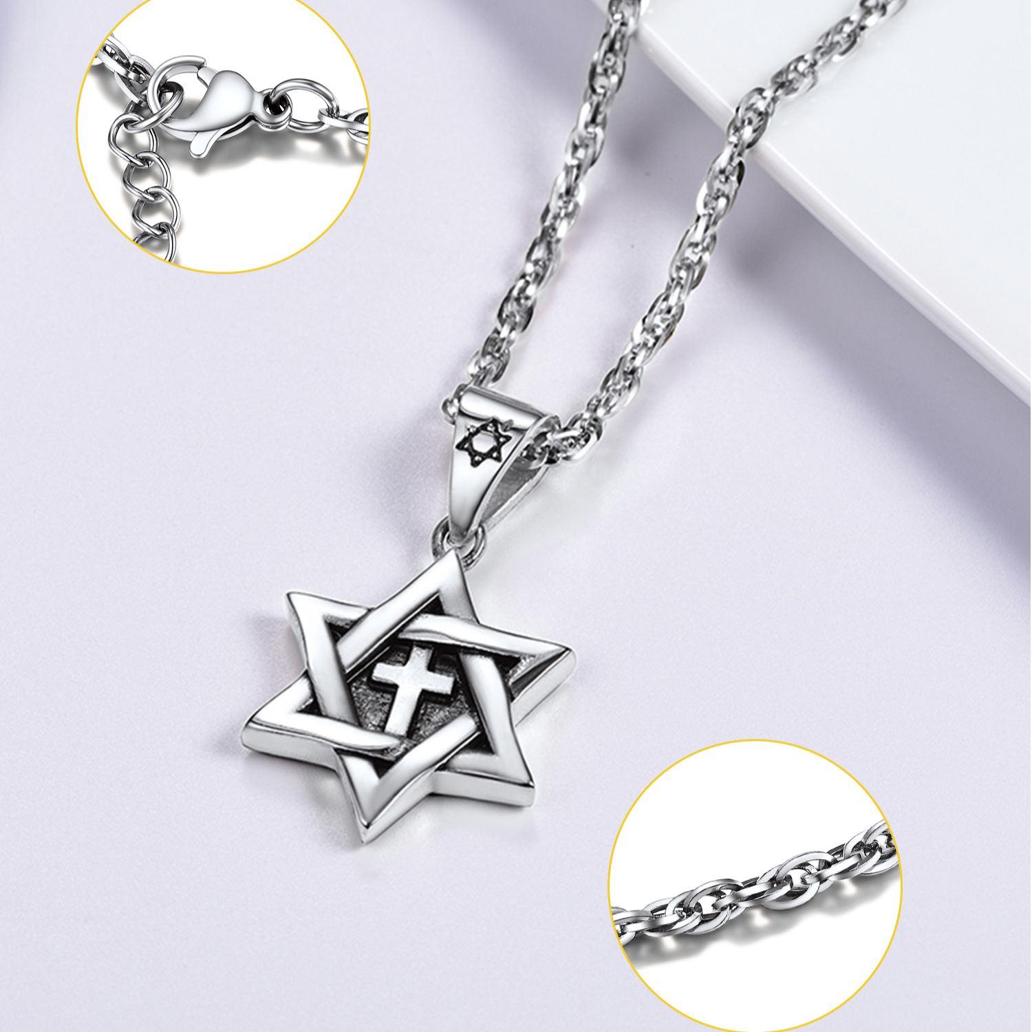 Stainless Steel Star of David Cross Pendant Wave Chain for Men Women