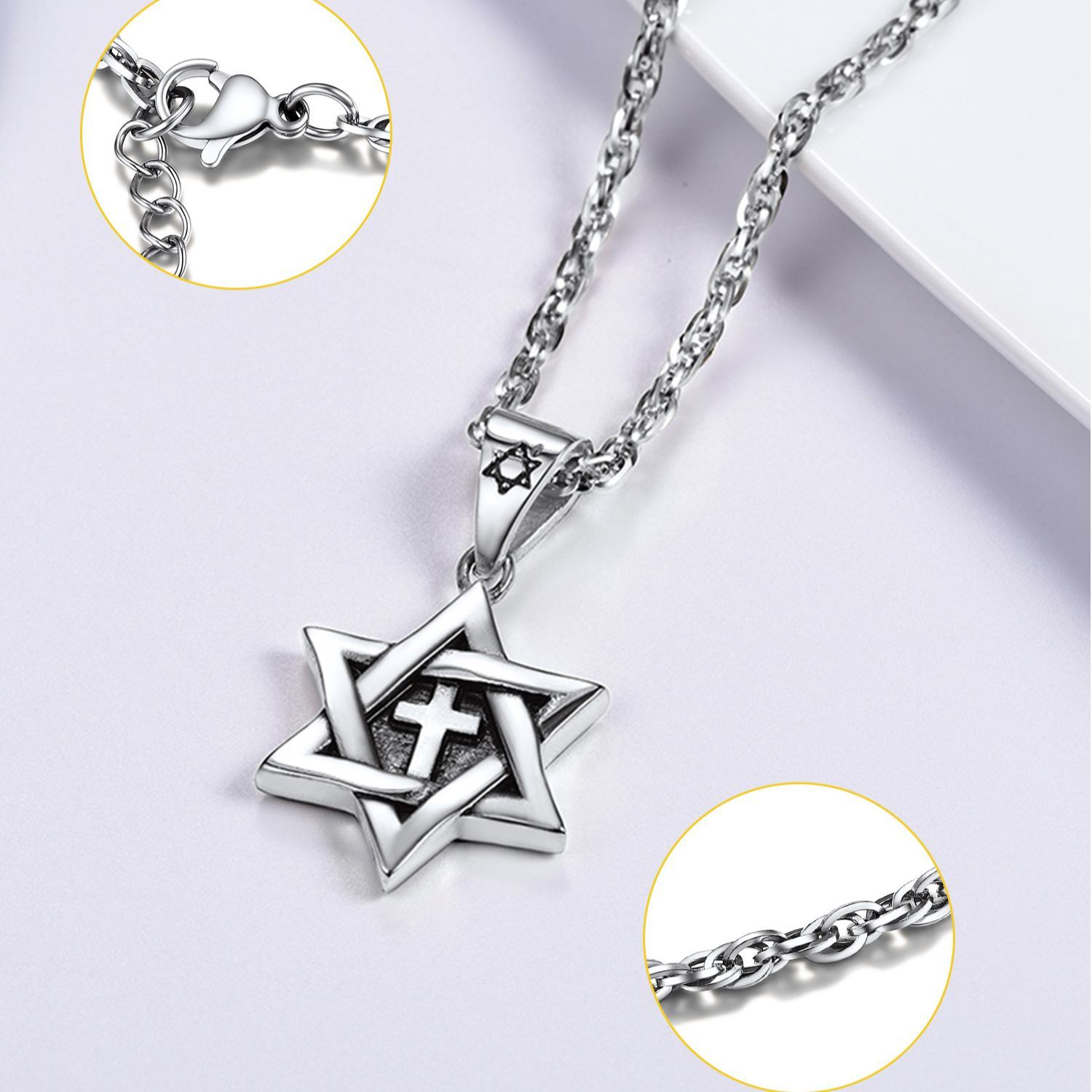 Stainless Steel Star of David Cross Pendant Wave Chain for Men Women