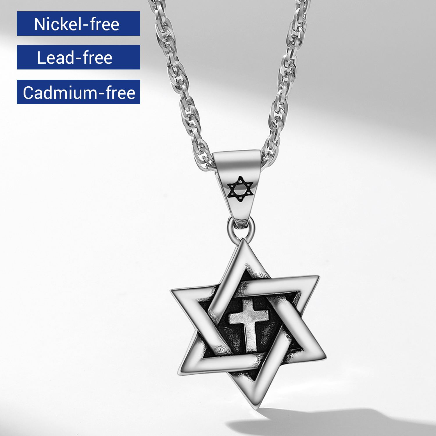 Stainless Steel Star of David Cross Pendant Wave Chain for Men Women
