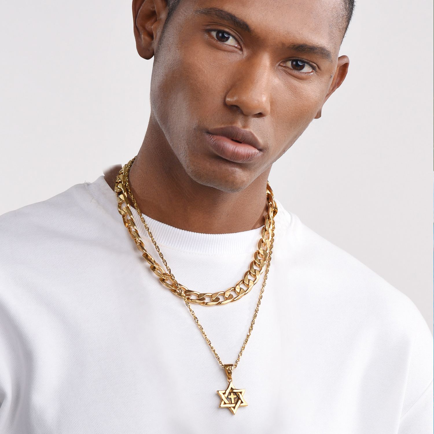 Stainless Steel Star of David Cross Pendant Wave Chain for Men Women