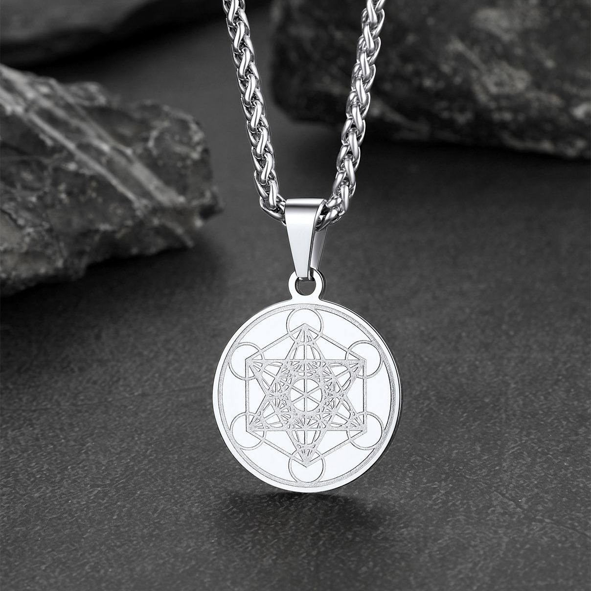 Stainless Steel  Metatron's Cube Pendant Necklace 22" for Men Women
