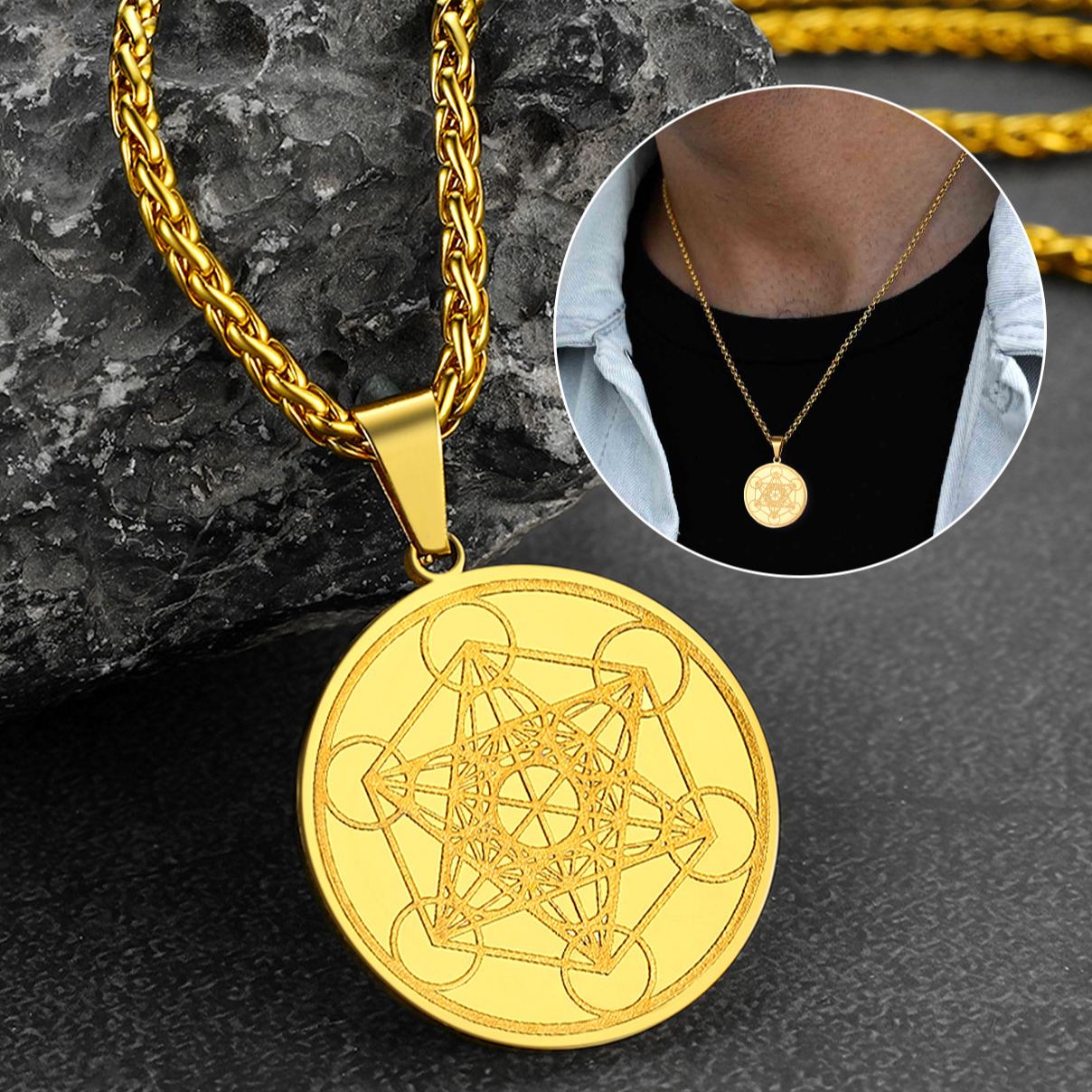 Stainless Steel  Metatron's Cube Pendant Necklace 22" for Men Women