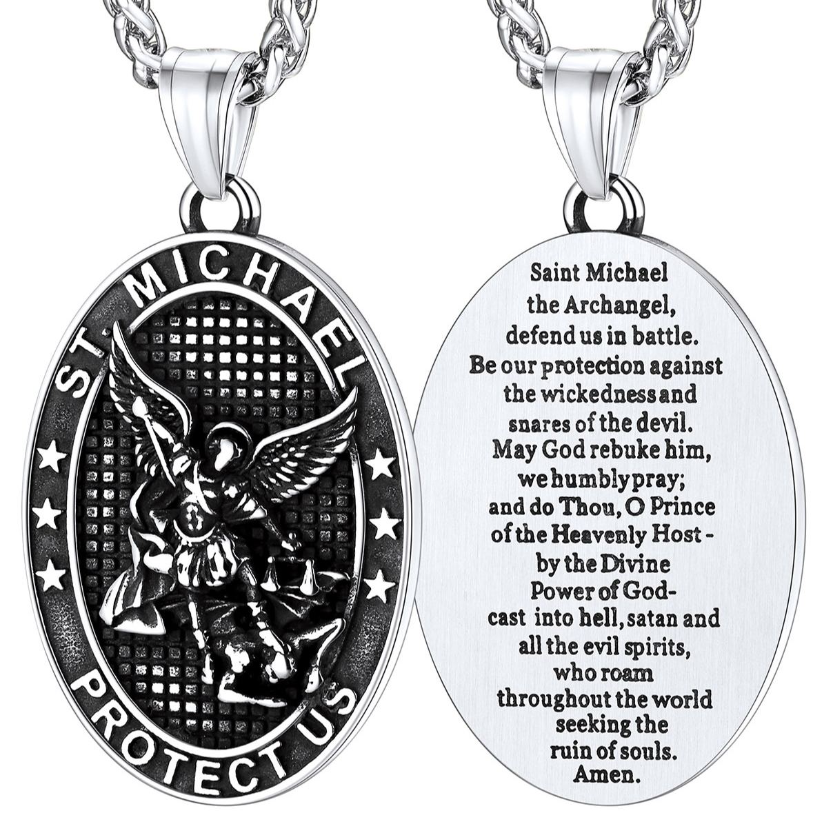 Stainless Steel Oval St. Michael Pendant Necklace for Men