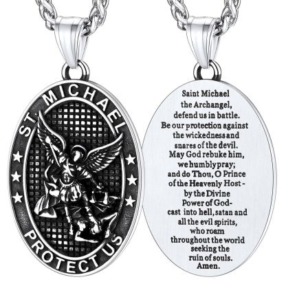 Stainless Steel Oval St. Michael Pendant Necklace for Men