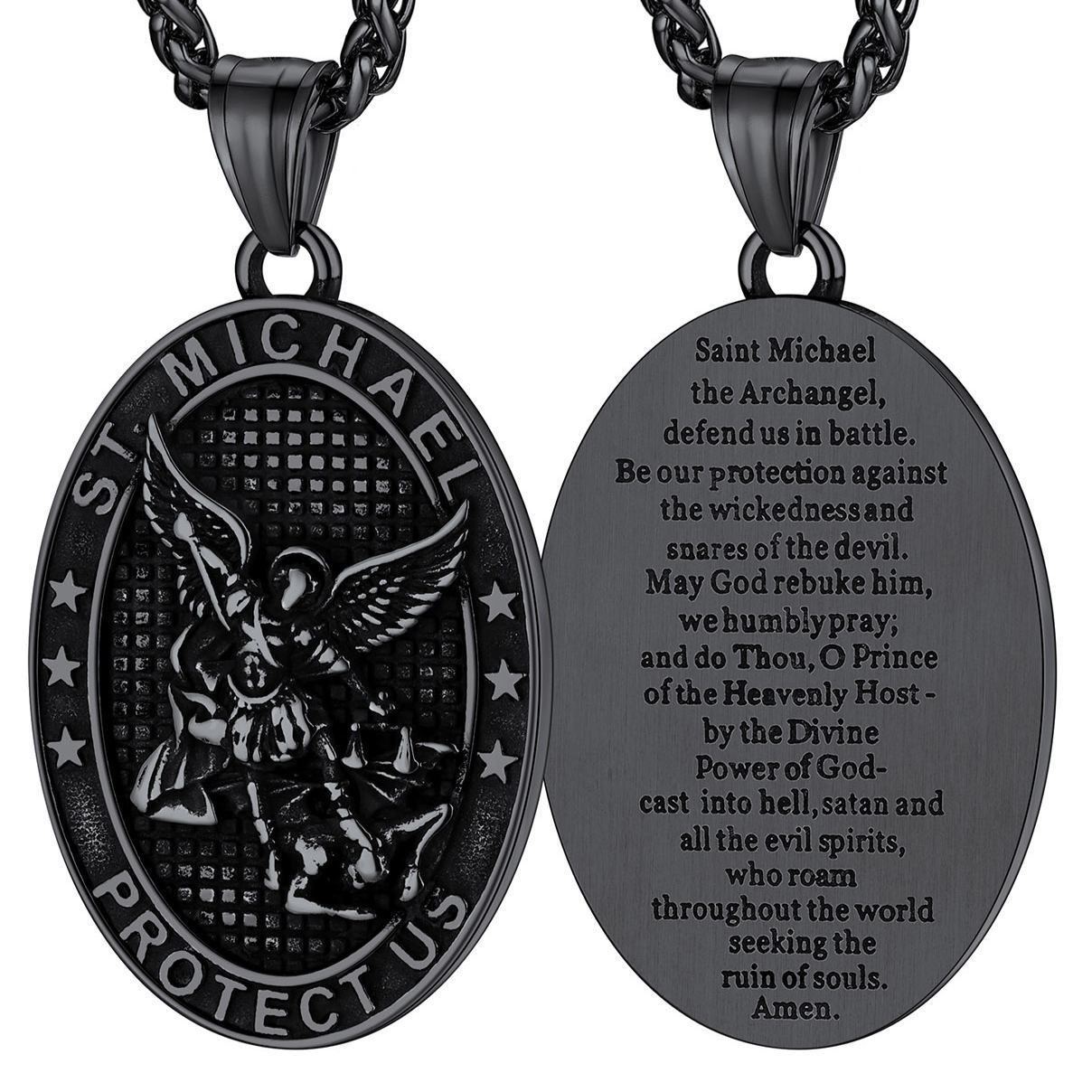 Stainless Steel Oval St. Michael Pendant Necklace for Men