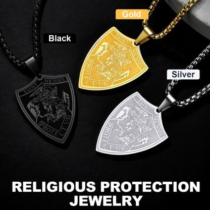 Stainless Steel Shield Michael Angel Necklace for Men