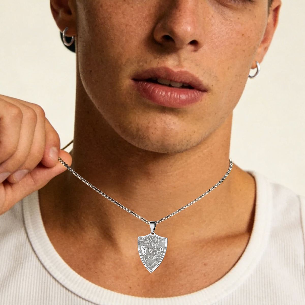 Stainless Steel Shield Michael Angel Necklace for Men