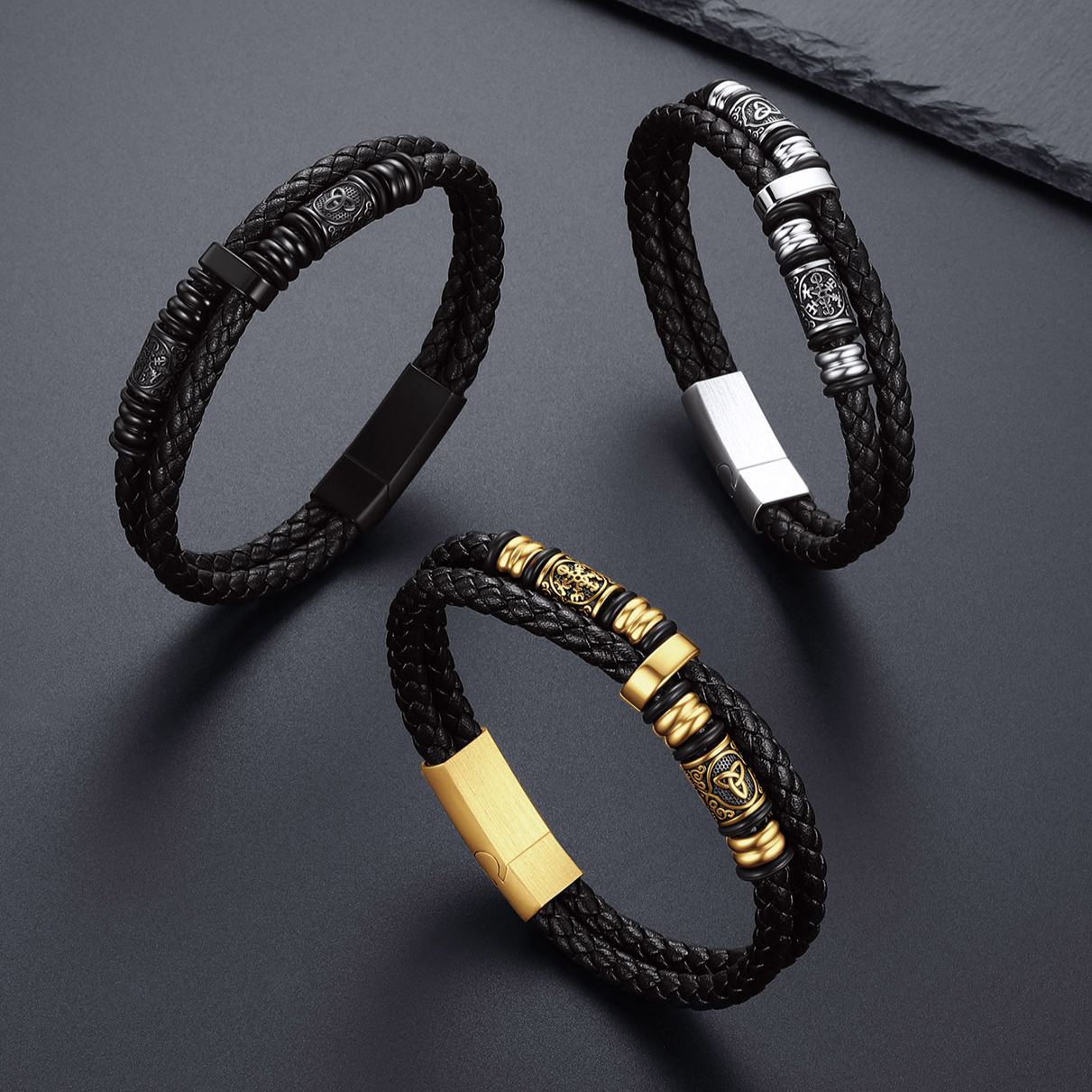 Celtic Compass Beaded Leather Bracelet For Men