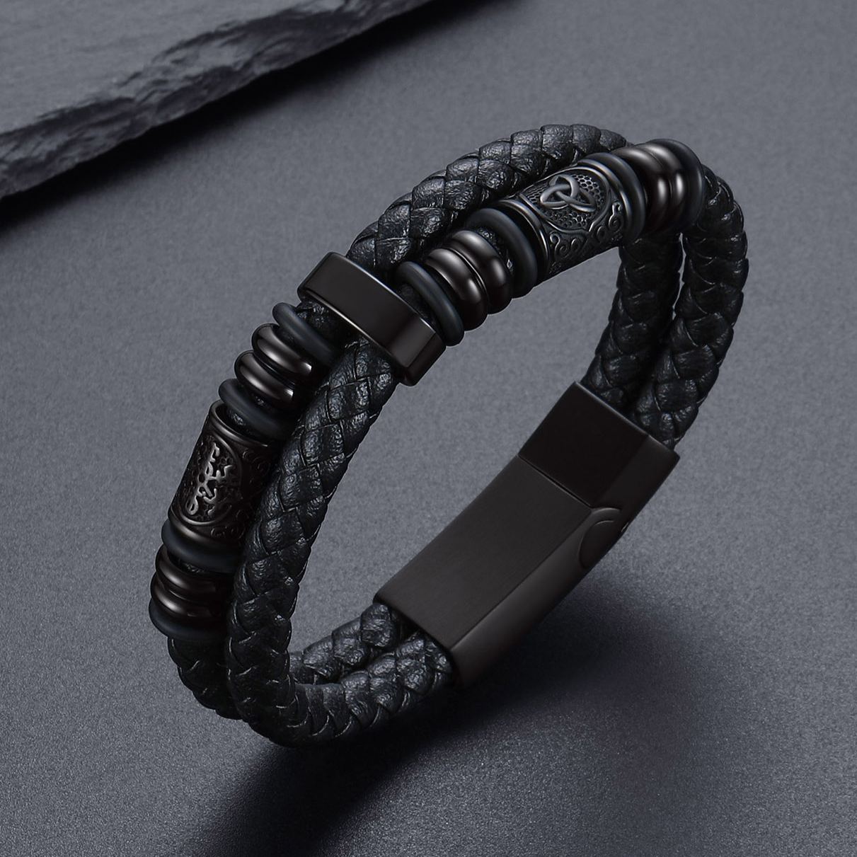 Celtic Compass Beaded Leather Bracelet For Men