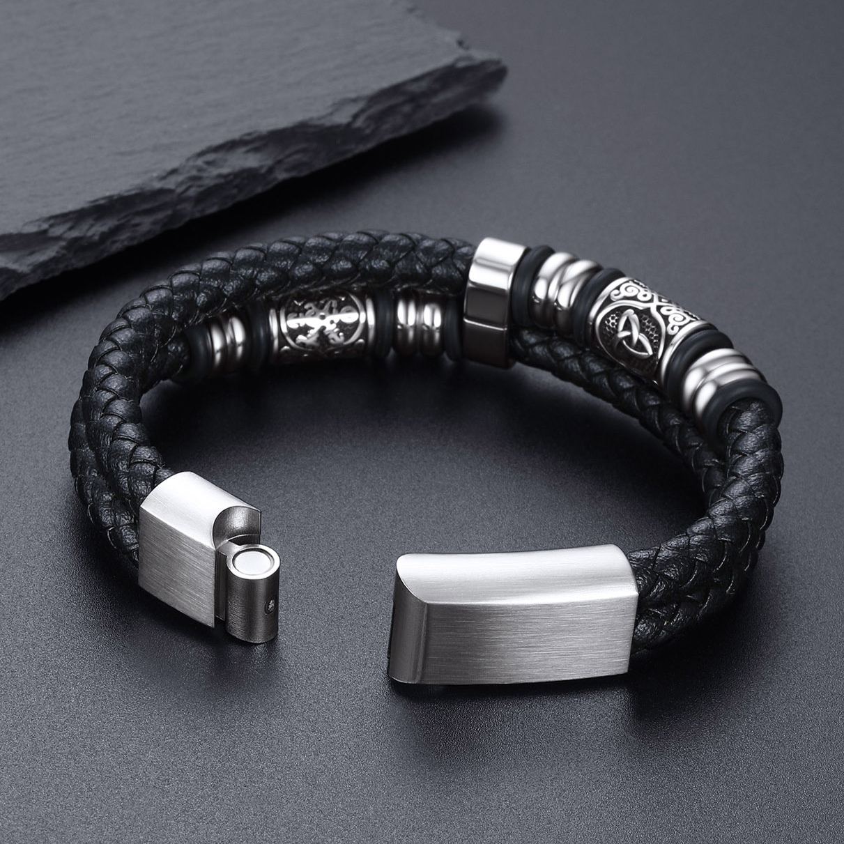 Celtic Compass Beaded Leather Bracelet For Men