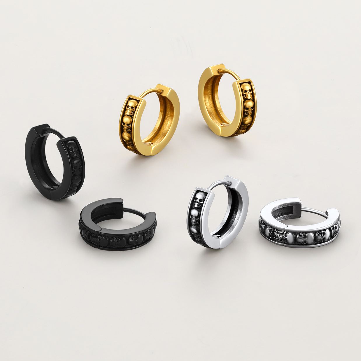 chainshouse Edgy Skull Hoop Earrings Stainless Steel 4.2mm  for Women For Men