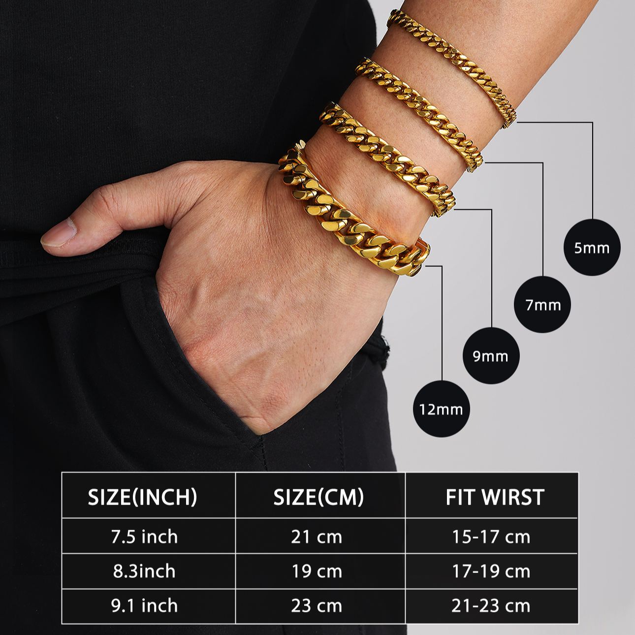 5/7/9/12mm Miami Stainless Steel Cuban Link Chain Bracelet for Men