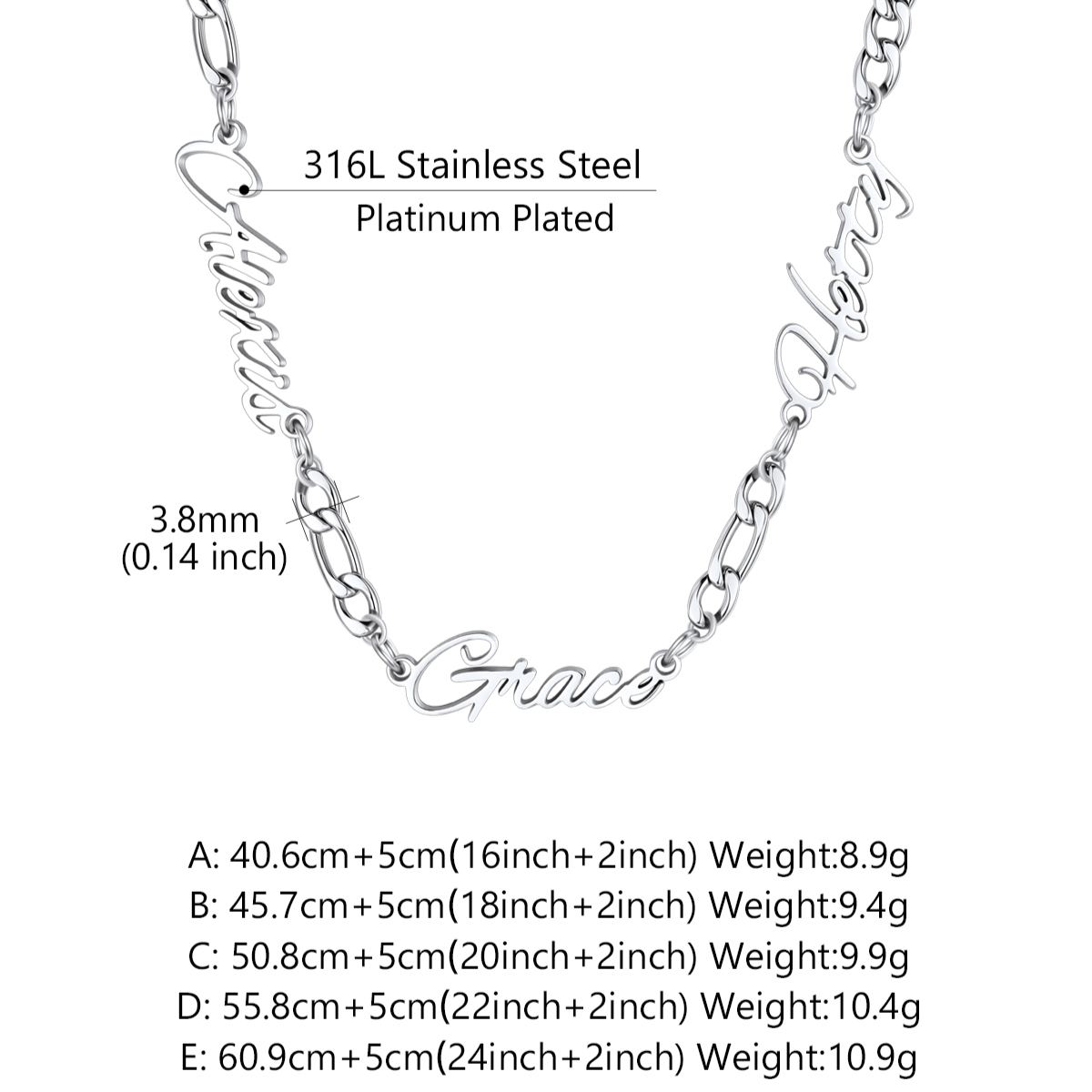 Custom 1-5 Names Necklace 3mm Figaro Chain For Her