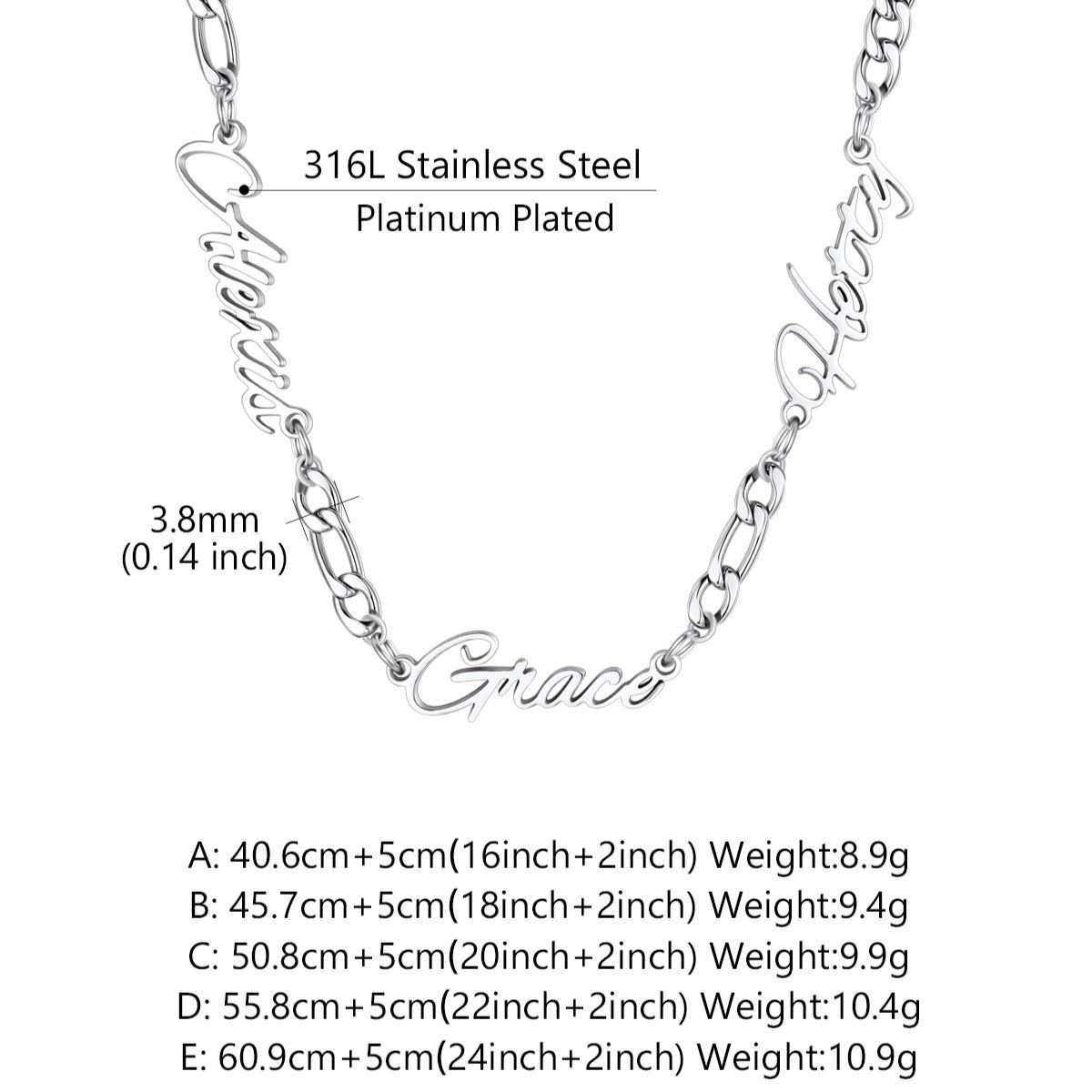 Custom 1-5 Names Necklace 3mm Figaro Chain For Her