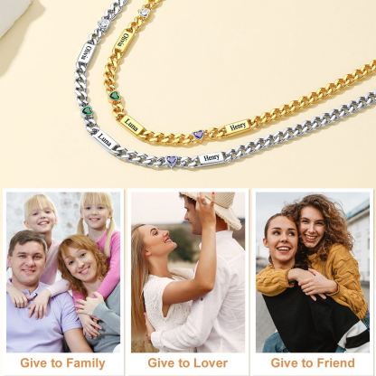 Custom 1-6 Names Heart Birthstones Cuban Link Chain