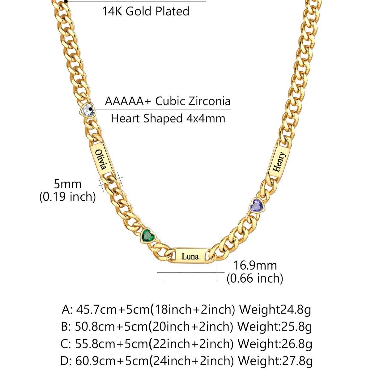 Custom 1-6 Names Heart Birthstones Cuban Link Chain