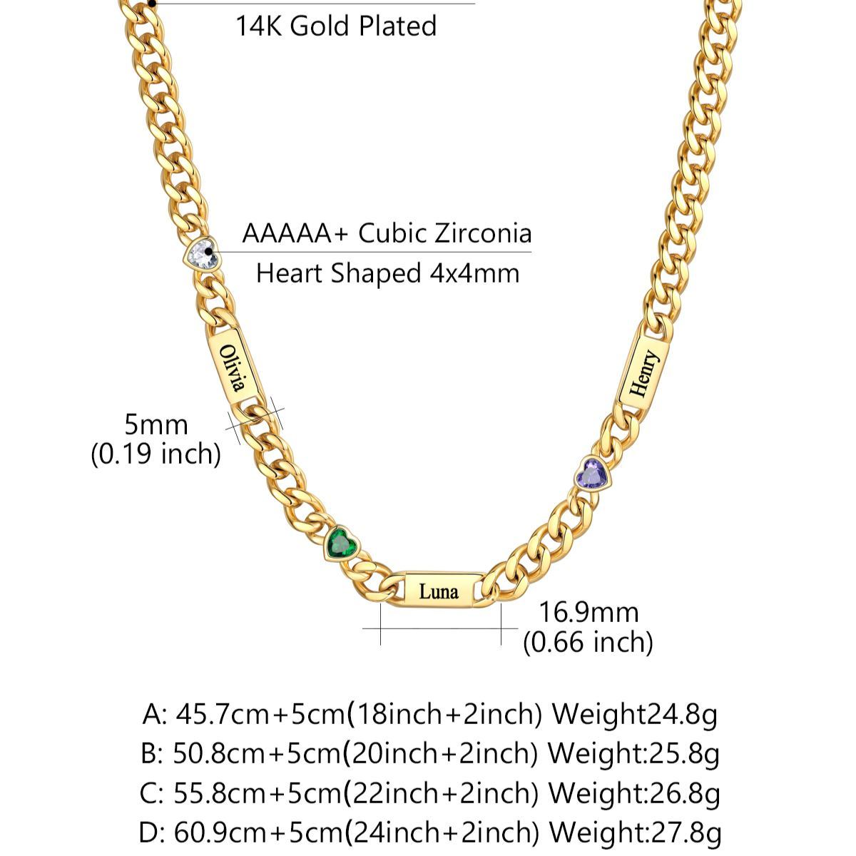 Custom 1-6 Names Heart Birthstones Cuban Link Chain