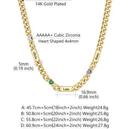 Custom 1-6 Names Heart Birthstones Cuban Link Chain
