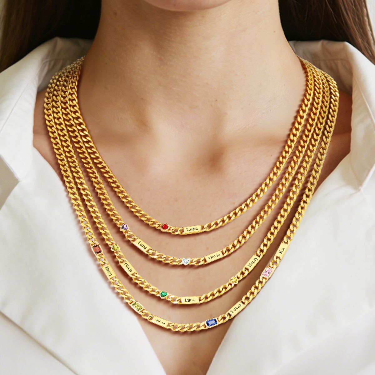 Custom 1-6 Names Heart Birthstones Cuban Link Chain