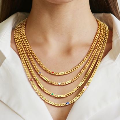 Custom 1-6 Names Heart Birthstones Cuban Link Chain
