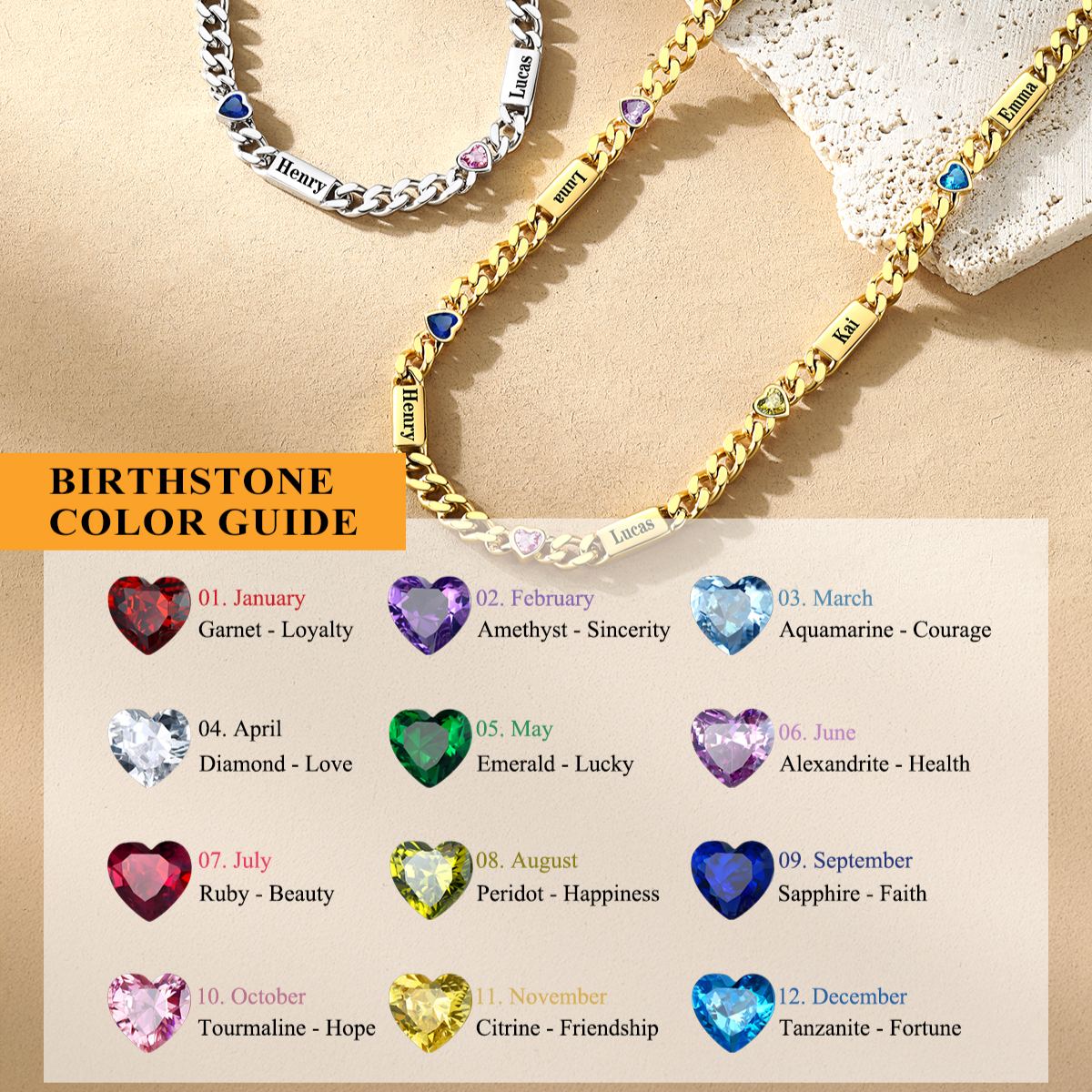 Custom 1-6 Names Heart Birthstones Cuban Link Chain
