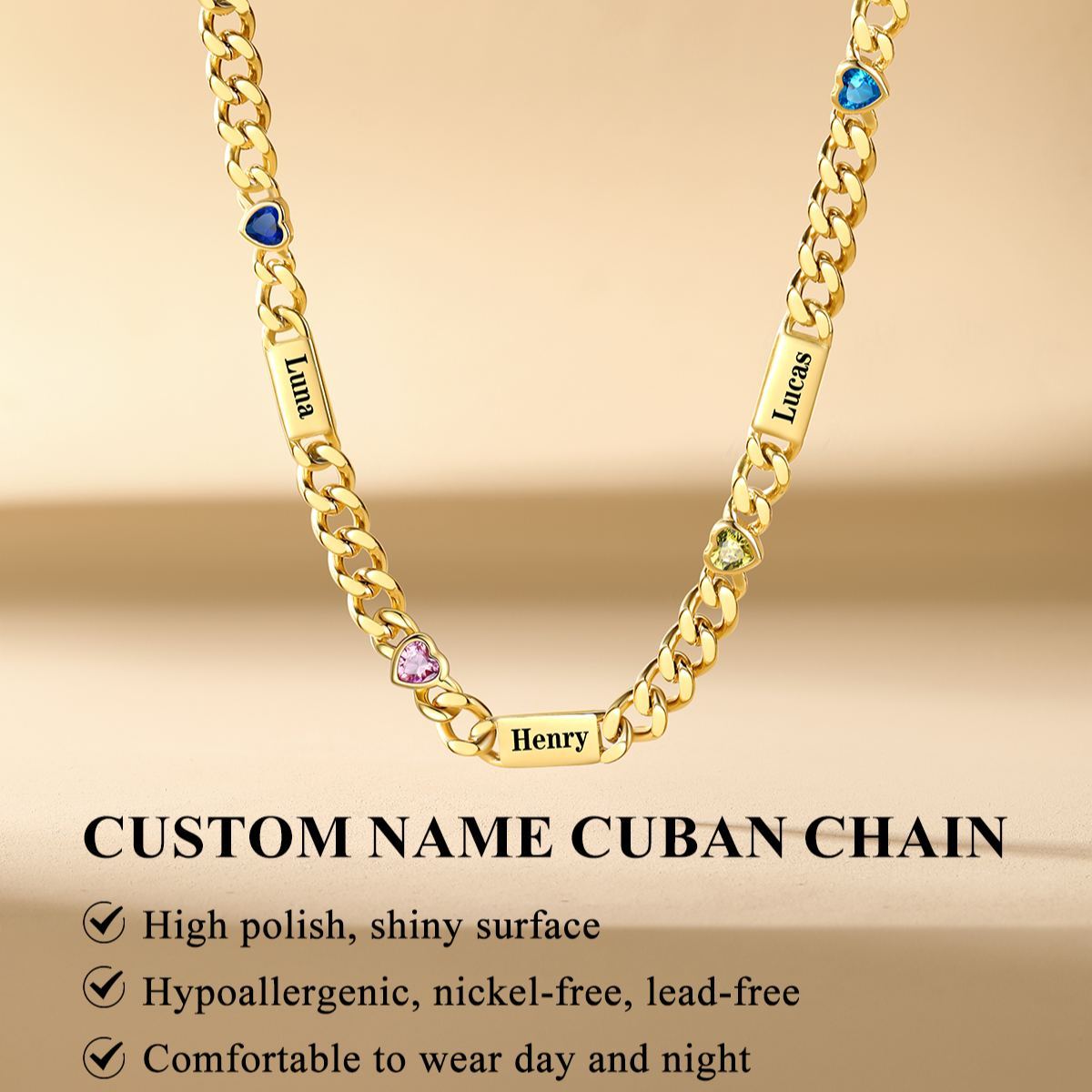 Custom 1-6 Names Heart Birthstones Cuban Link Chain