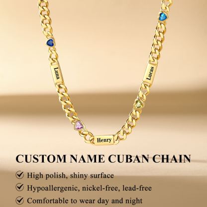 Custom 1-6 Names Heart Birthstones Cuban Link Chain