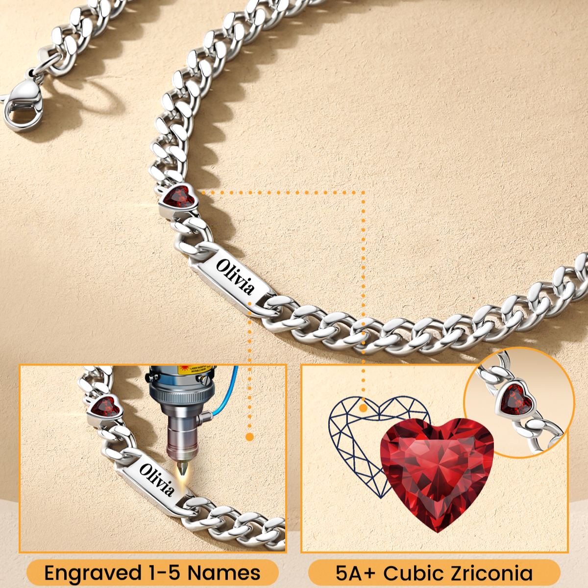 Custom 1-6 Names Heart Birthstones Cuban Link Chain