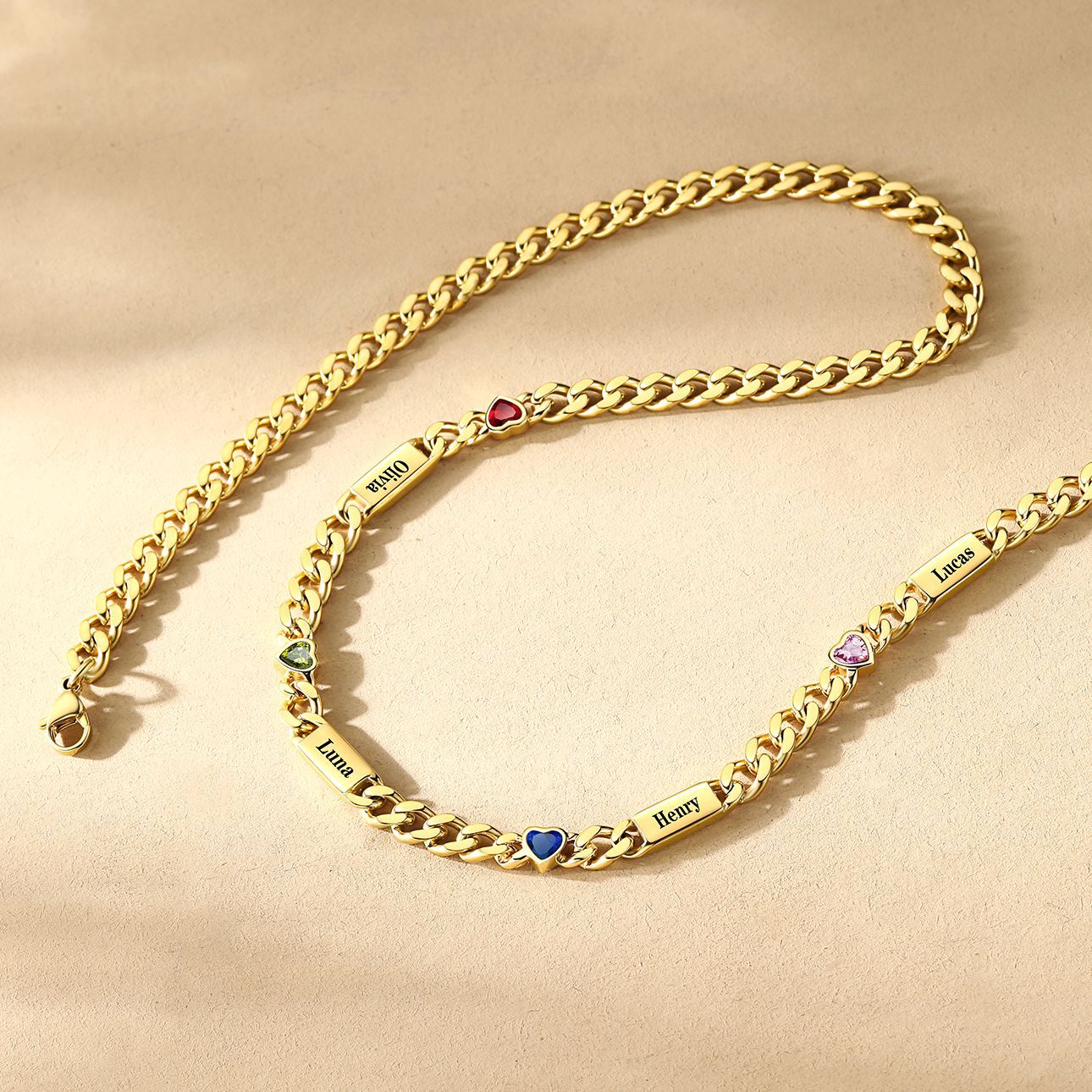 Custom 1-6 Names Heart Birthstones Cuban Link Chain